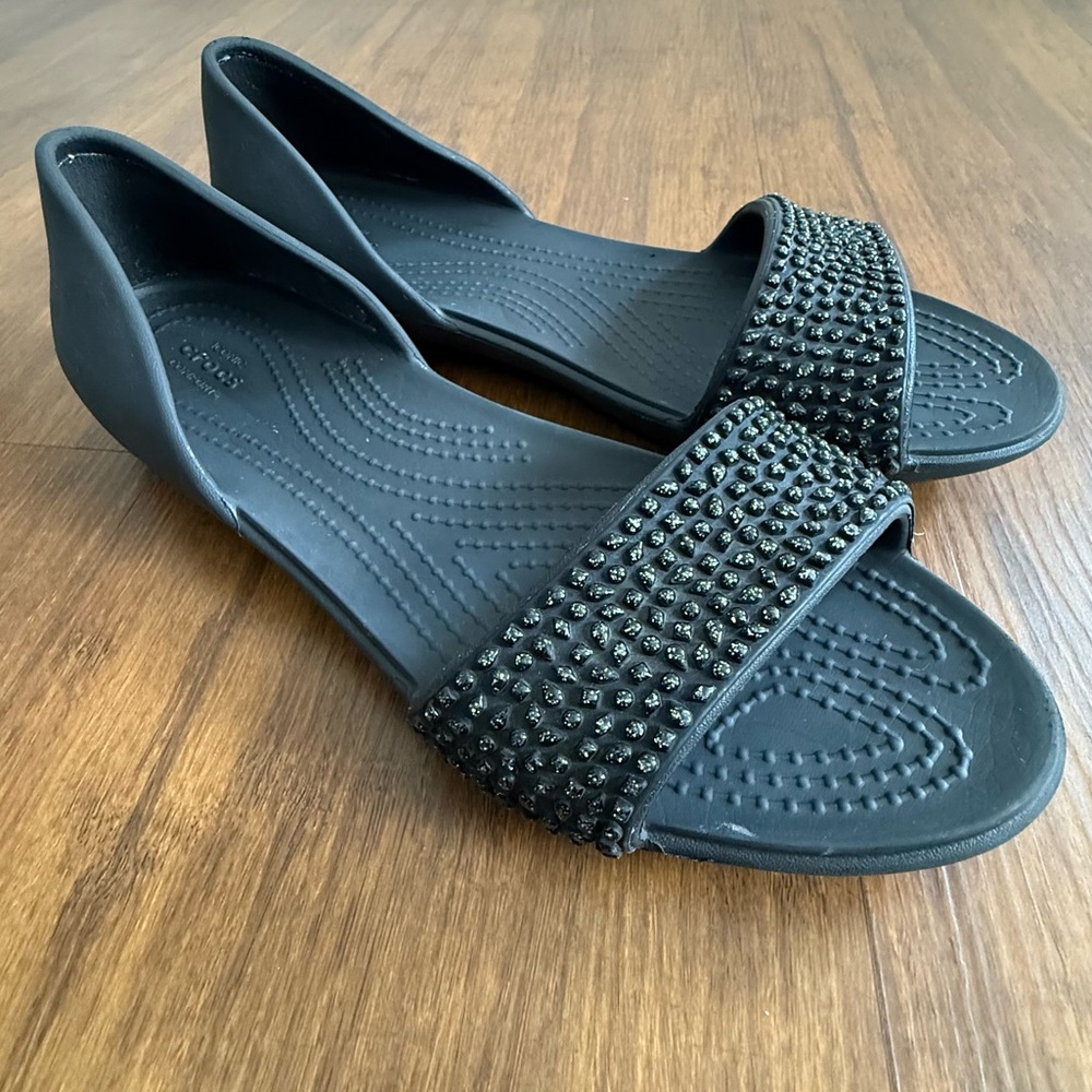 Crocs Embellished Sandals Womens 7 Shoes Lina Flats Dorsay Open Toe Black Dress